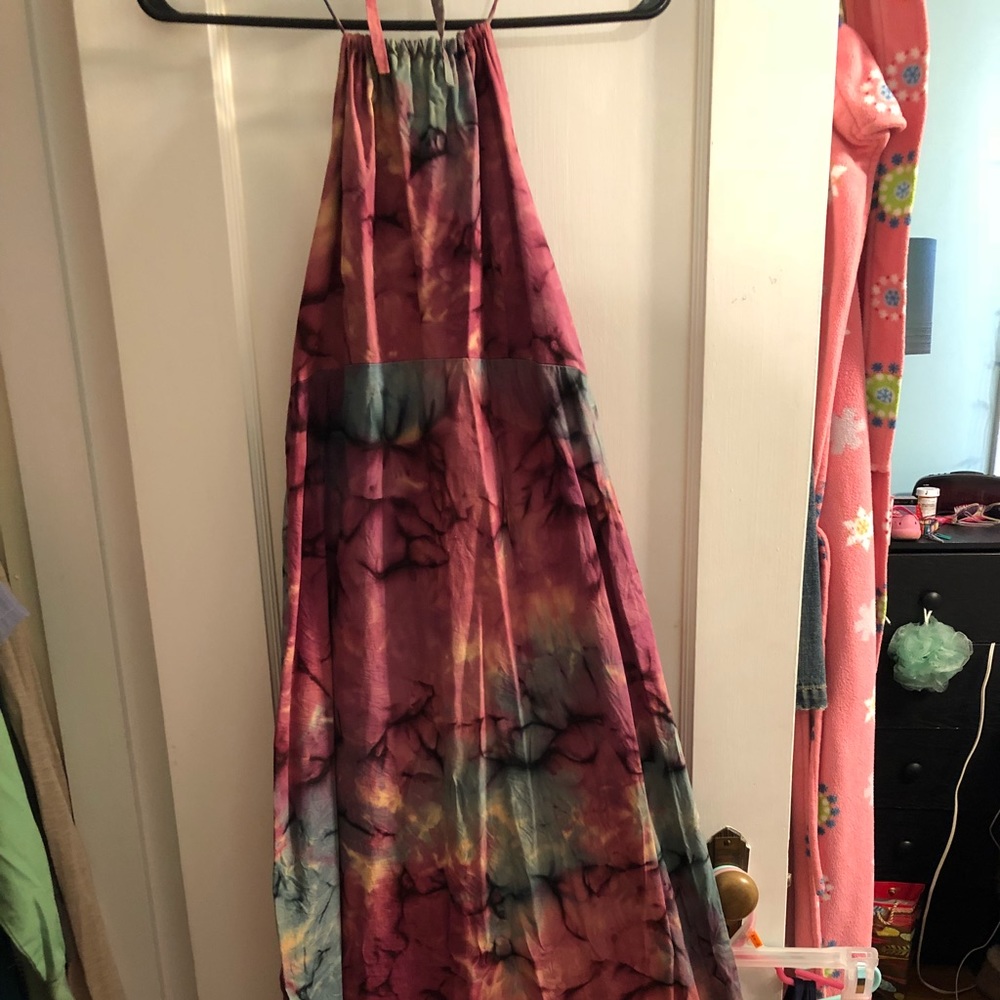 Floor length tie-dyed halter dress